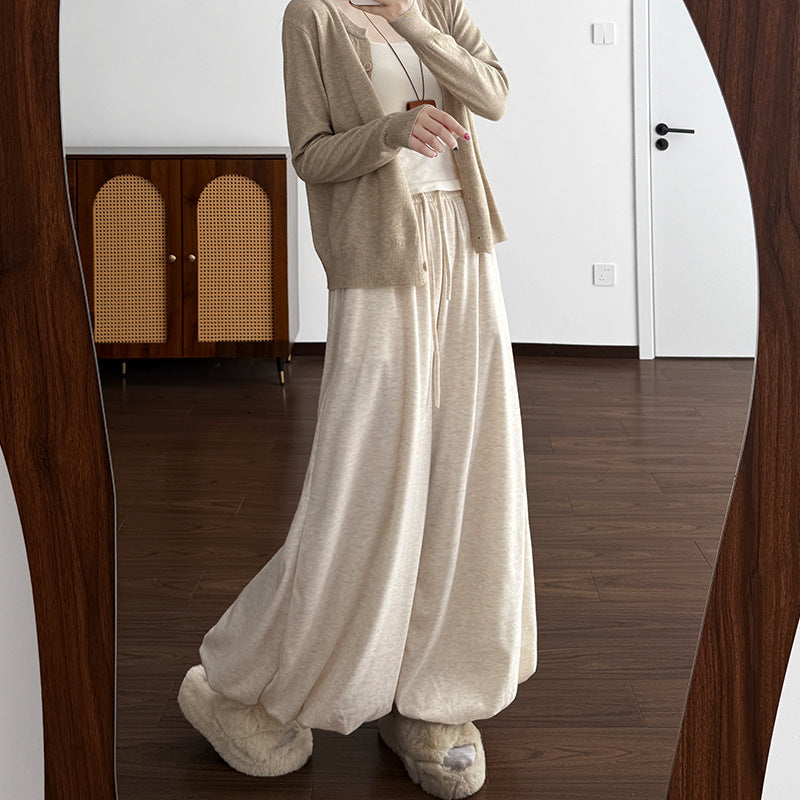 Womens High-Waisted Fleece-Lined Solid-Color Lamb Wool Bloomer Culottes