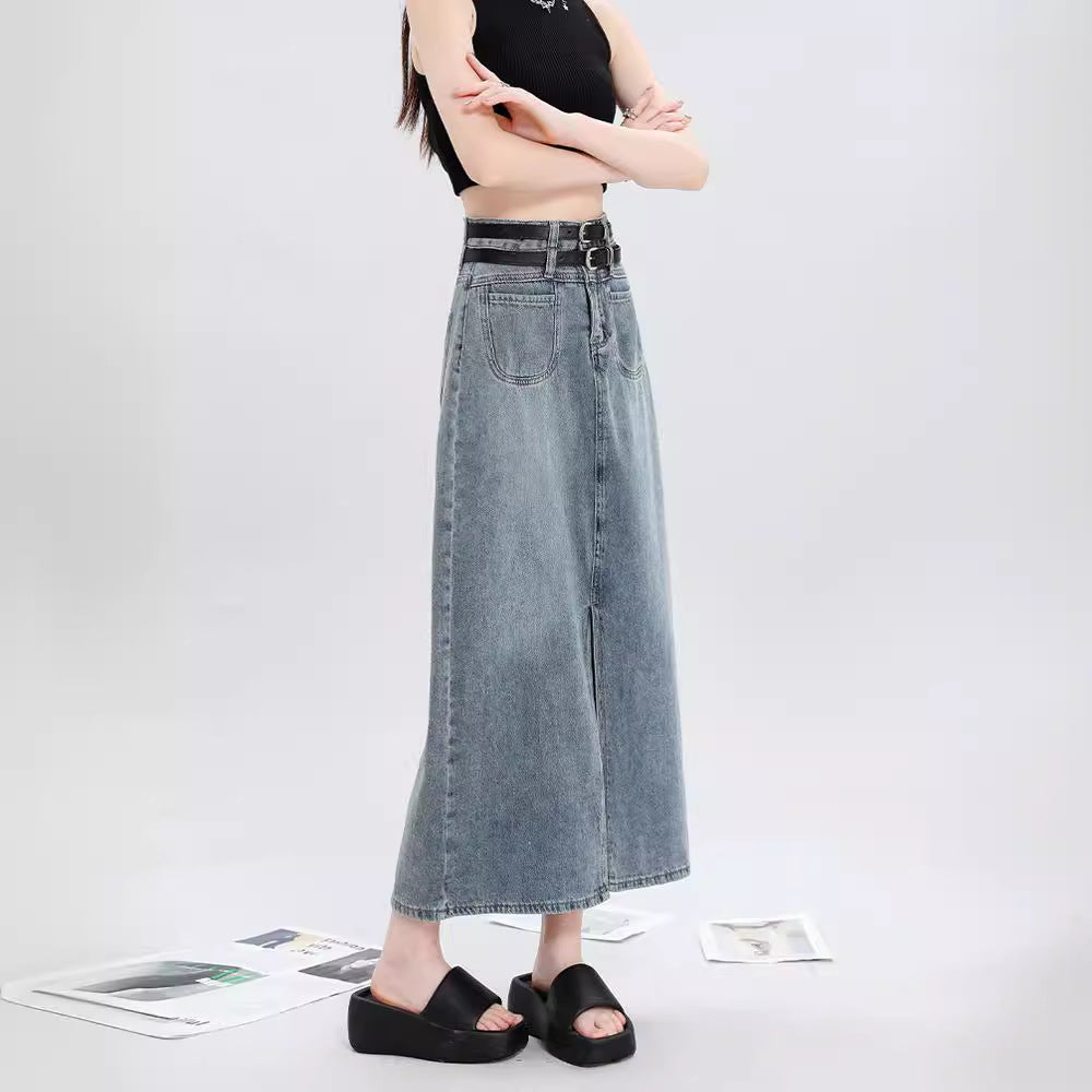 Women's Double Belt Slit Denim Skirt