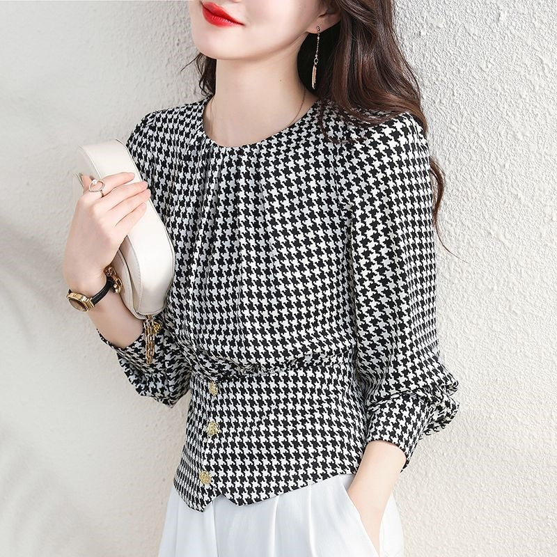 Chanel-style Houndstooth Pullover Blouse For Women
