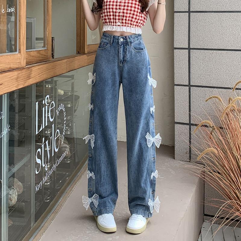 Bow High Waist Loose Straight Jeans