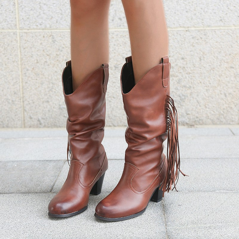 Fashion Style High-heeled Fringed Mid-boots Plus Size
