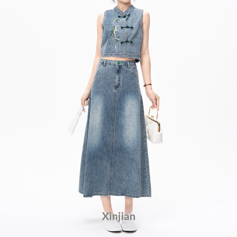 Embroidery High-waisted Slimming Long Dress Chinese Style Suit