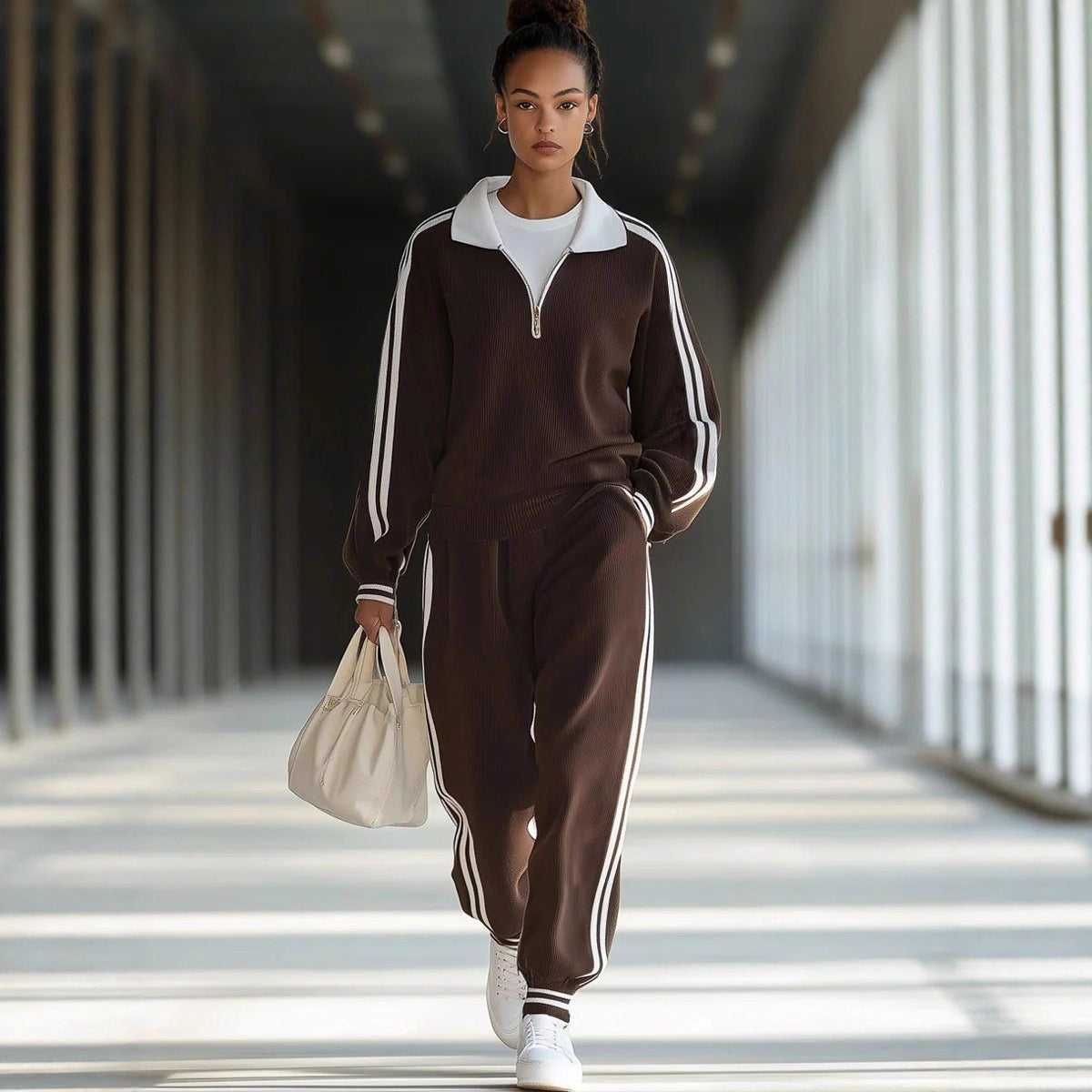 Casual Retro Zip-up Jacket And Trousers Two-piece Sportswear Set