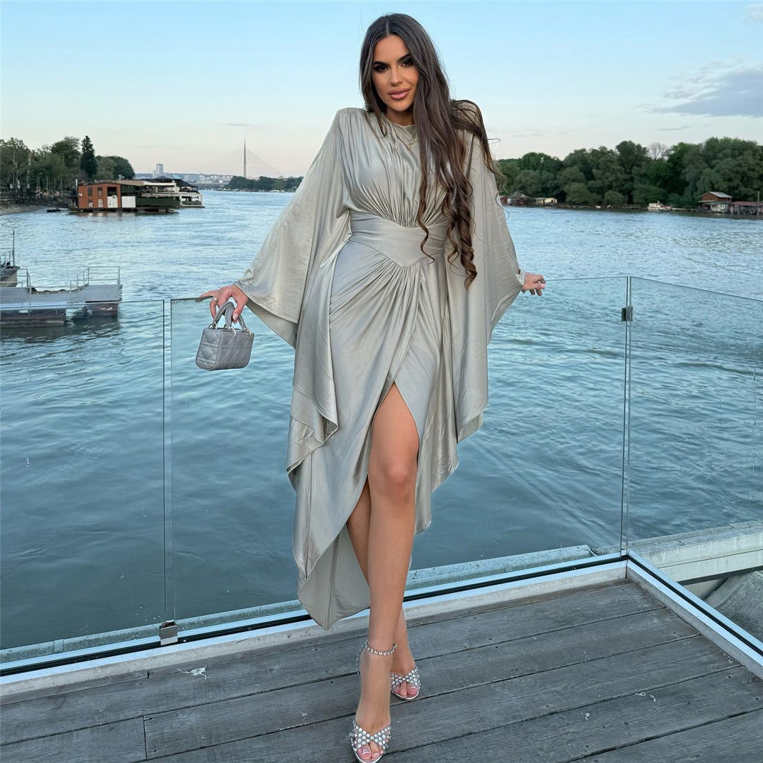 Trendy Solid-color Pleated Patchwork High-waist Split Dress