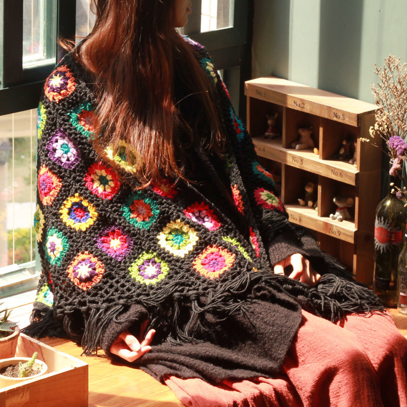 Pure Handmade Retro Mori Women's Literary Fan Wool Scarf Shawl