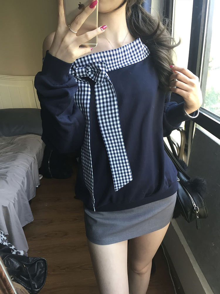 Fashion Plaid Off-shoulder Langærmet T-shirt til kvinder