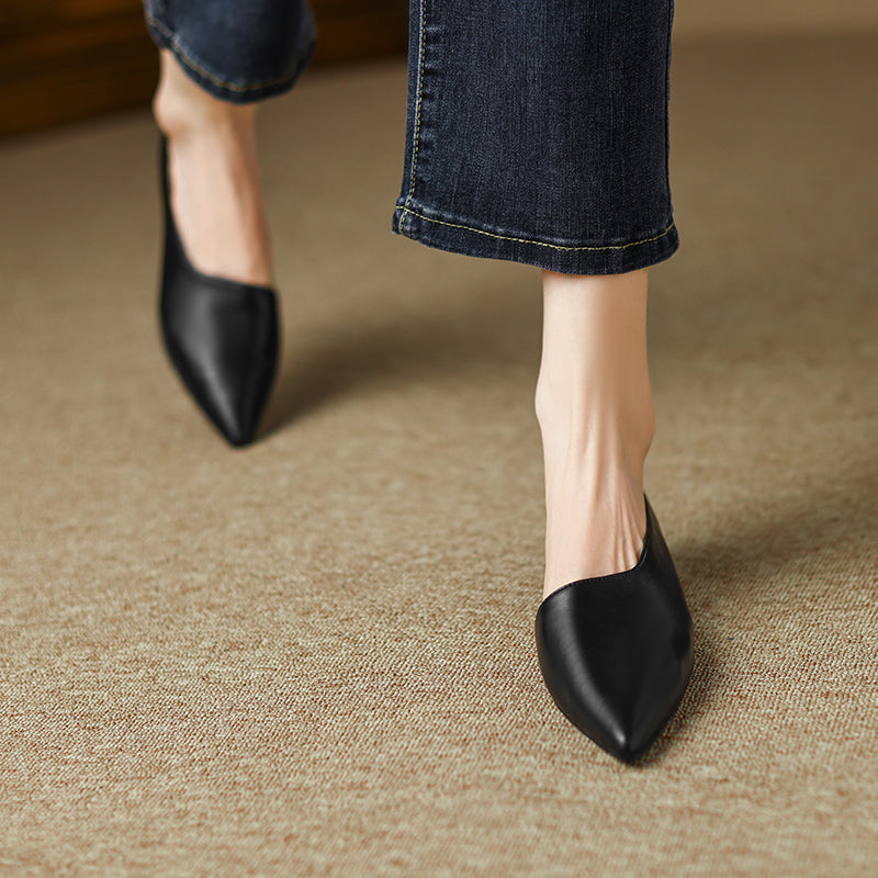 Women's Genuine Leather French Retro Pumps With Low Heels