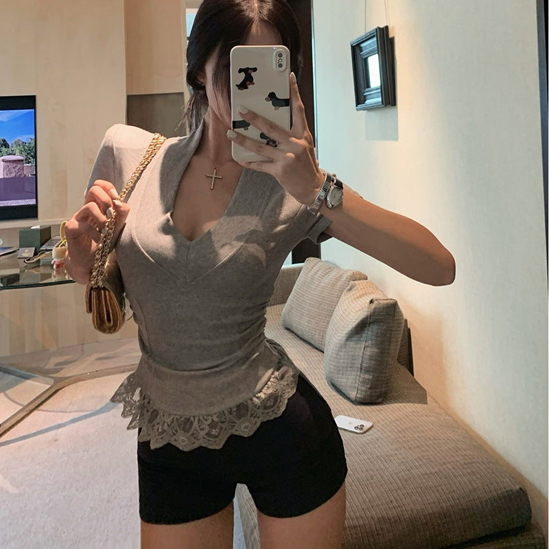 Women's Pure Sexy Lace Spliced Tight Sweet Fashion Top