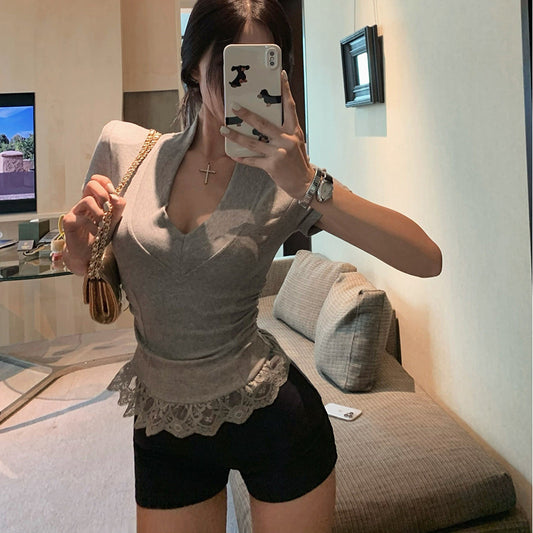 Women's Pure Sexy Lace Spliced Tight Sweet Fashion Top