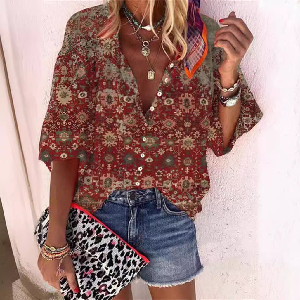 Women's Retro Fashion Stand Collar Loose Button Printed Casual Shirt