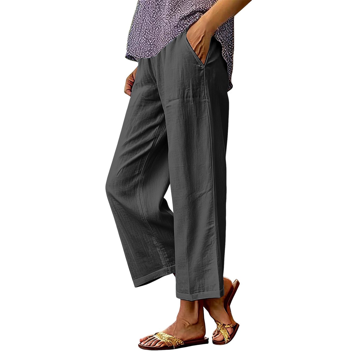 Womens Solid-Color Cotton-Linen Loose-Fit Wide-Leg Casual Pants