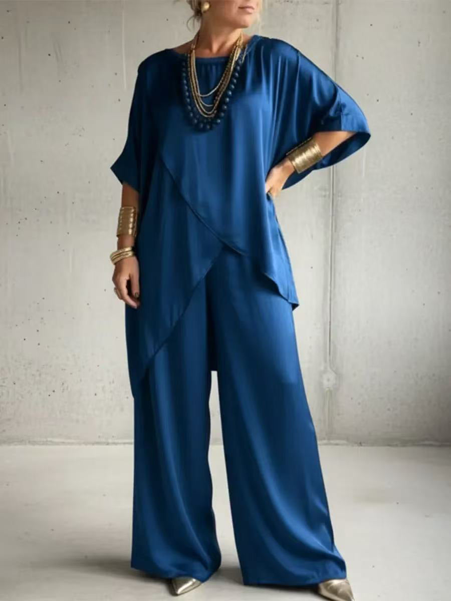 Womens Loose Casual Set With A Crew Neck And Asymmetrical Hem