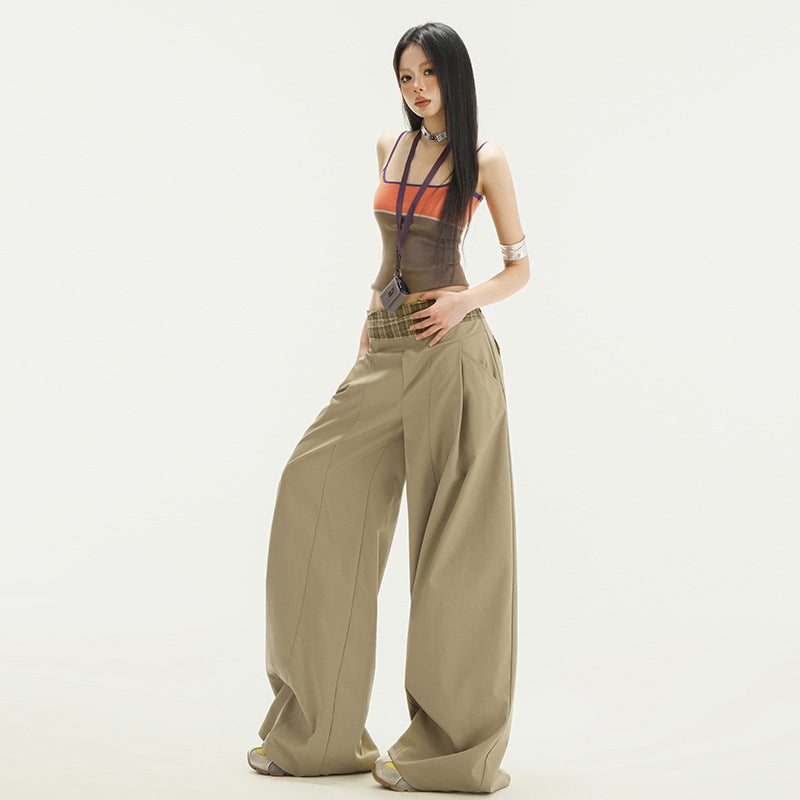 Stitching Waist Head Plaid Casual Pants Loose Wide-leg Pants
