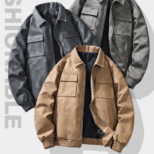 3D Stereo American Retro Hip Hop PU Leather Polo Collar Jacket