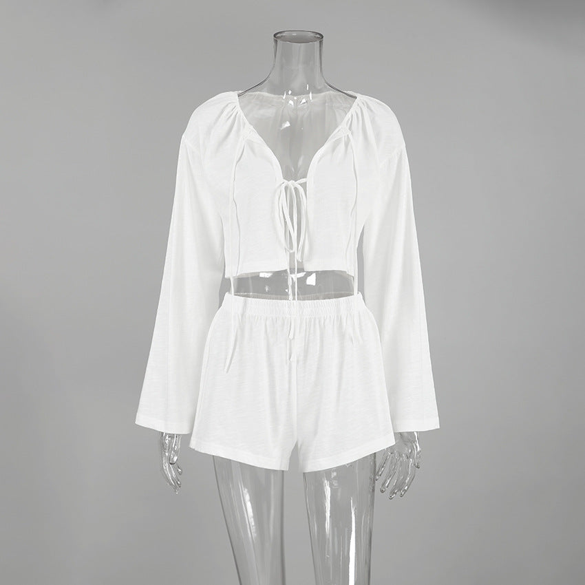 Long-sleeve Tie-front Cardigan And Cotton Shorts Pajama Set