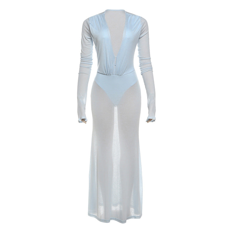 Womens Sexy Solid-Color Deep V-Neck Button-Front Bodycon High-Waist Long-Sleeve Dress
