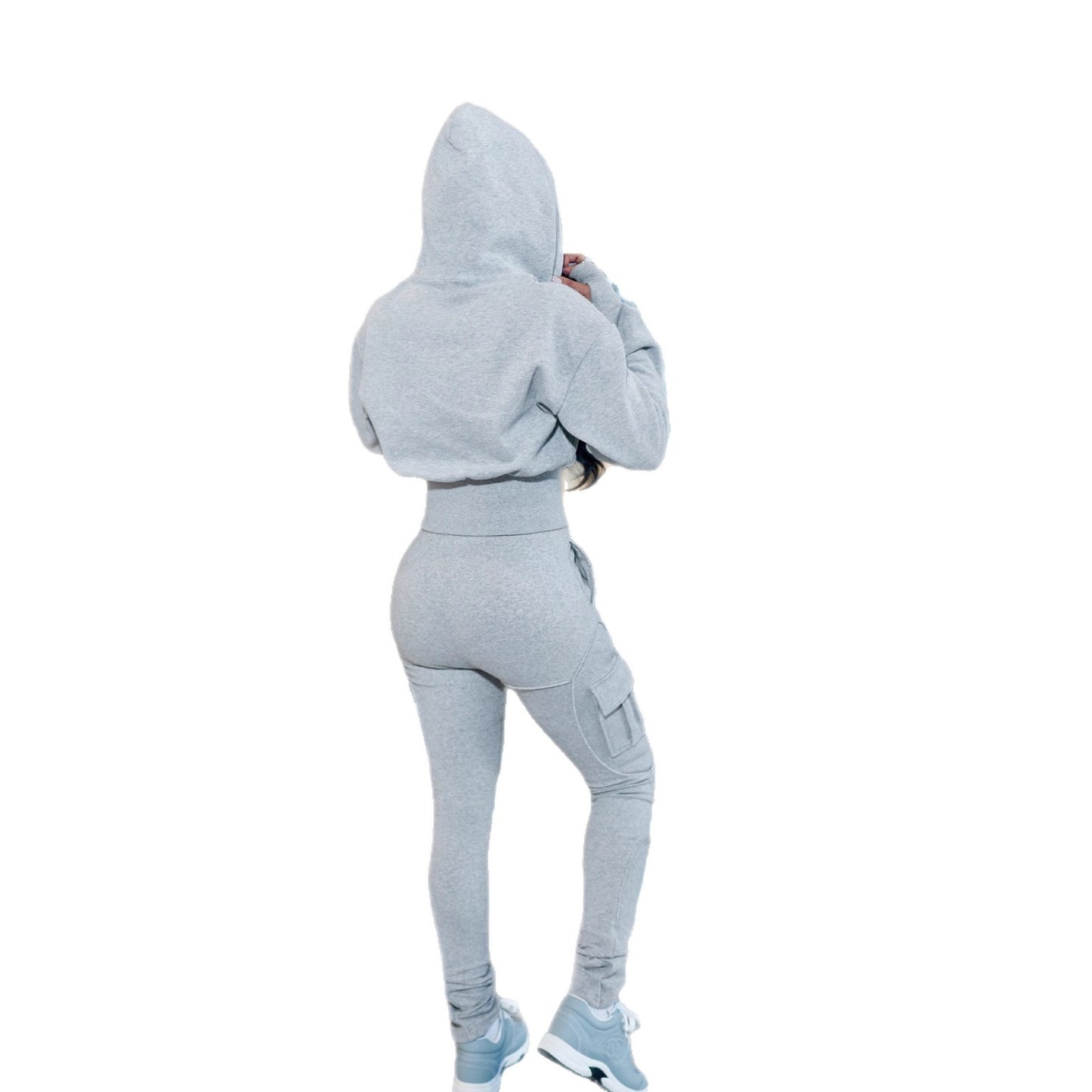 Casual Sporty Multi-pocket Cargo Pants Hooded Zip-up Sweatshirt Set