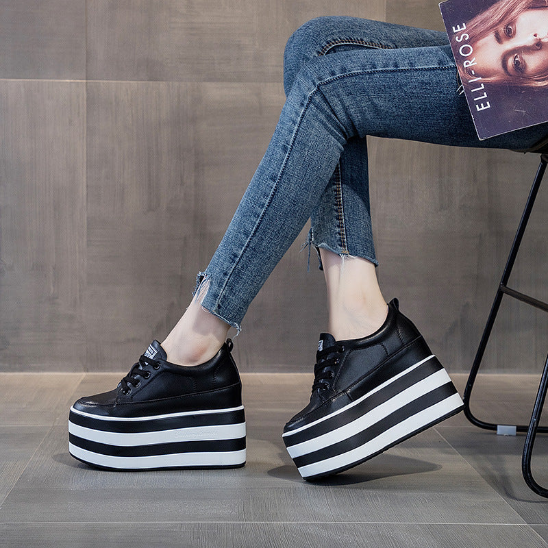 High-heeled Women's Leather Lace-up Wedge Platform Shoes