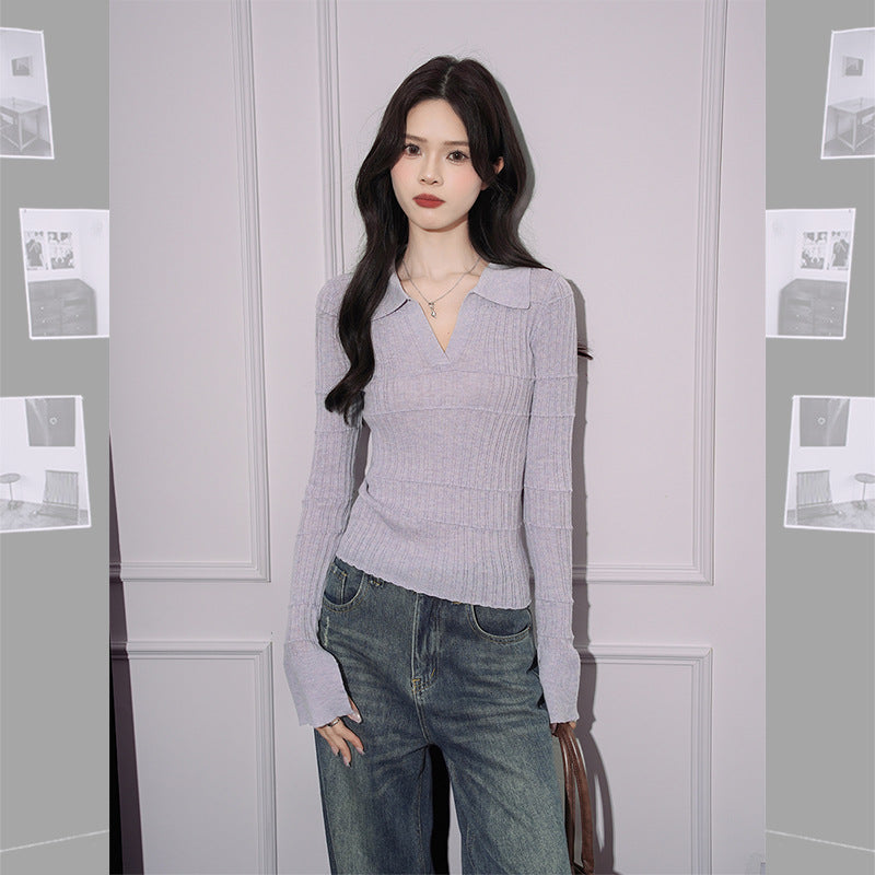 Women's Slim Fit Inner Wear Lapel Knitted T-shirt