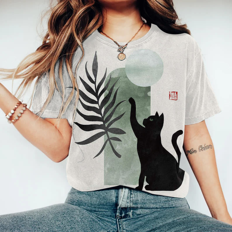 Kreativ Katte-mønster Trykt Digital-print Kortærmet Dame T-shirt