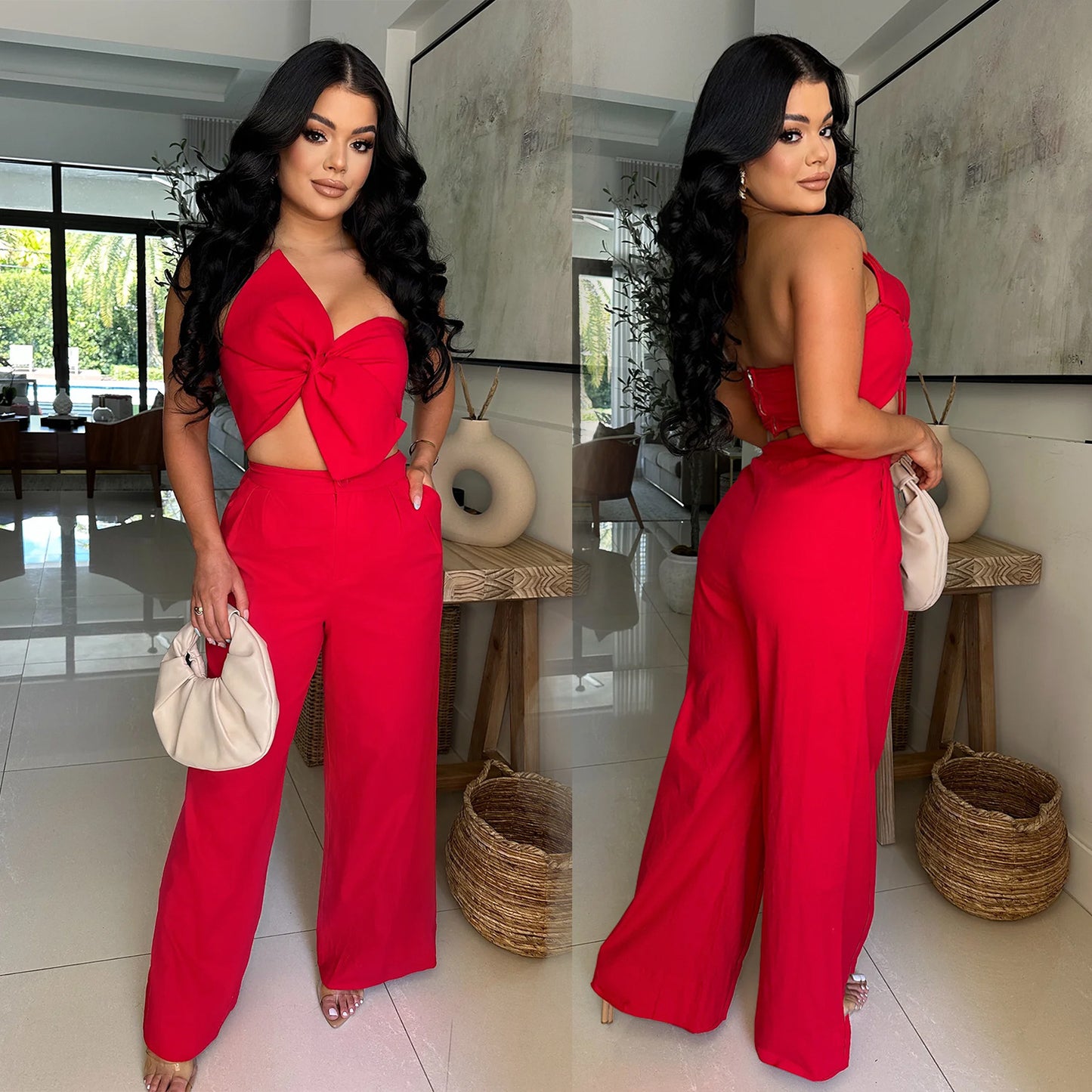 Women's Wear Sexy Bow Casual Trousers Two-piece Set New