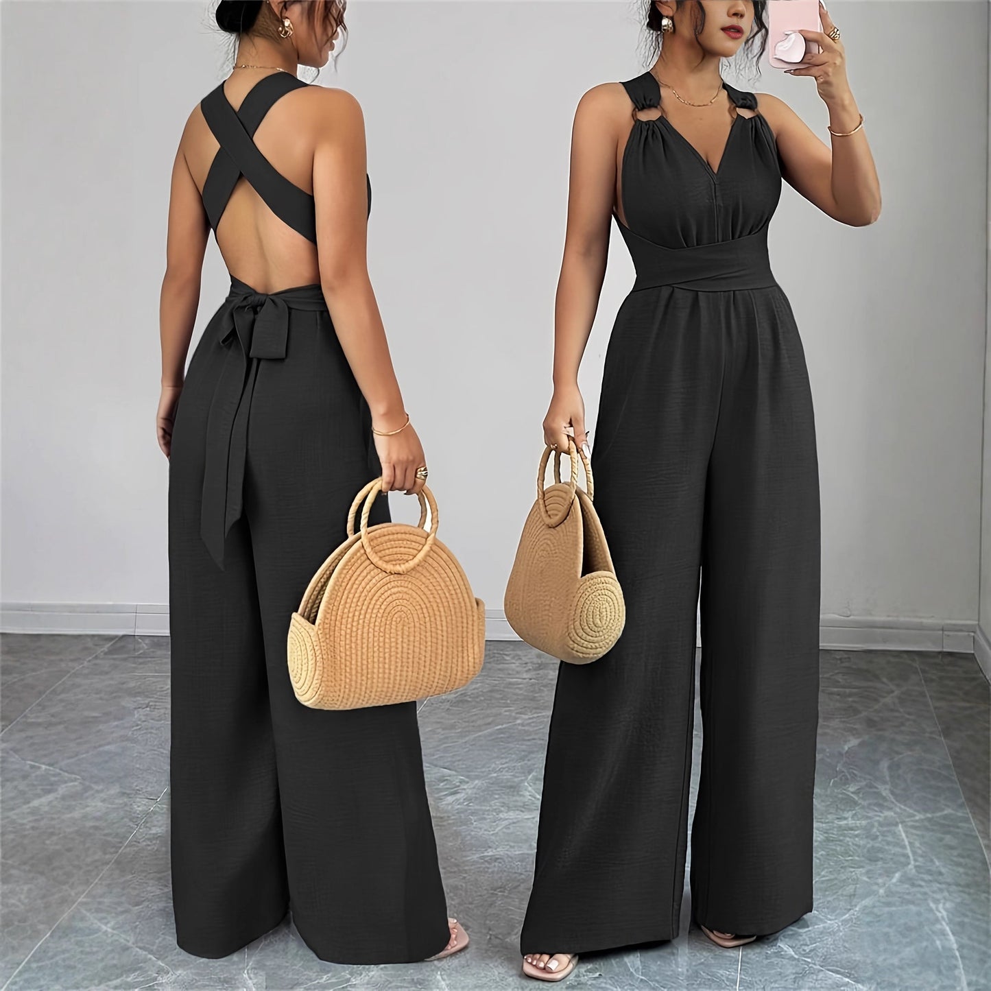V-udskæring, rygløs, crossover-talje, viddebenet jumpsuit