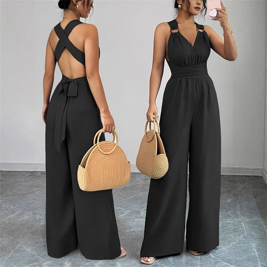V-udskæring, rygløs, crossover-talje, viddebenet jumpsuit