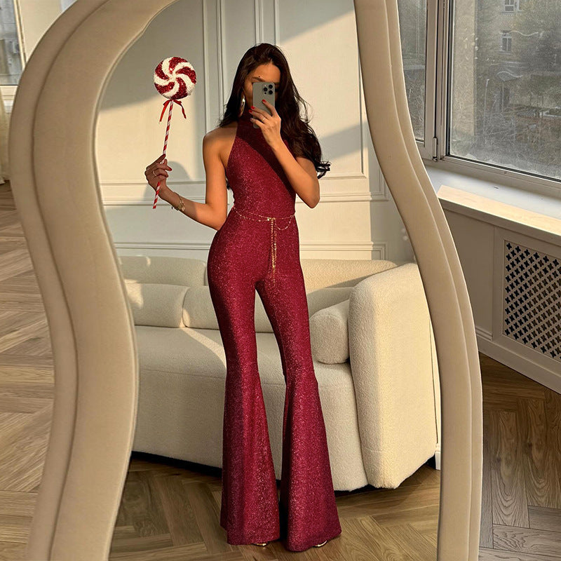 Shining Fashion Round Neck Sleeveless Flared High Waist Slimming Jumpsuit