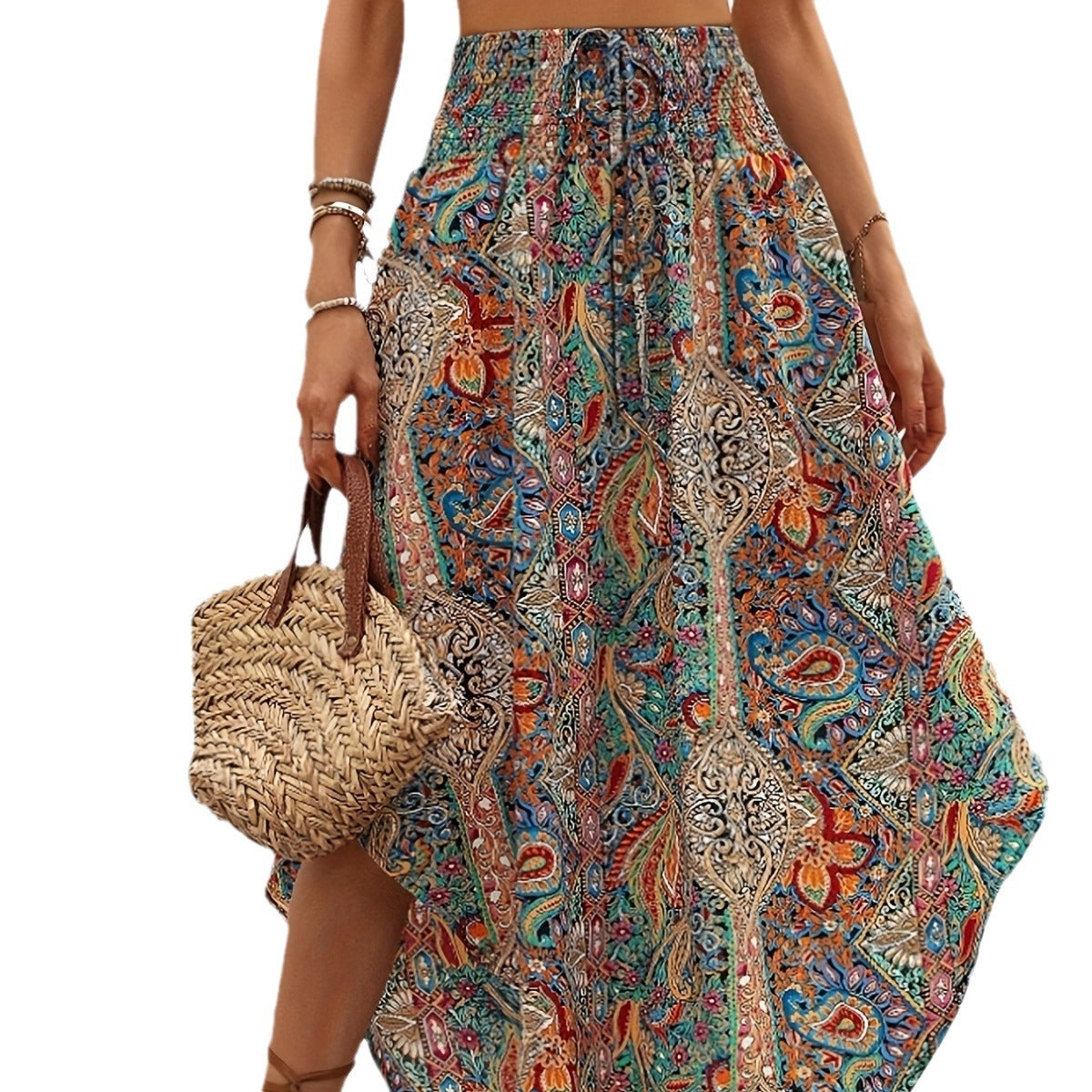Drawstring High Waist Half-length Printing Long Skirt