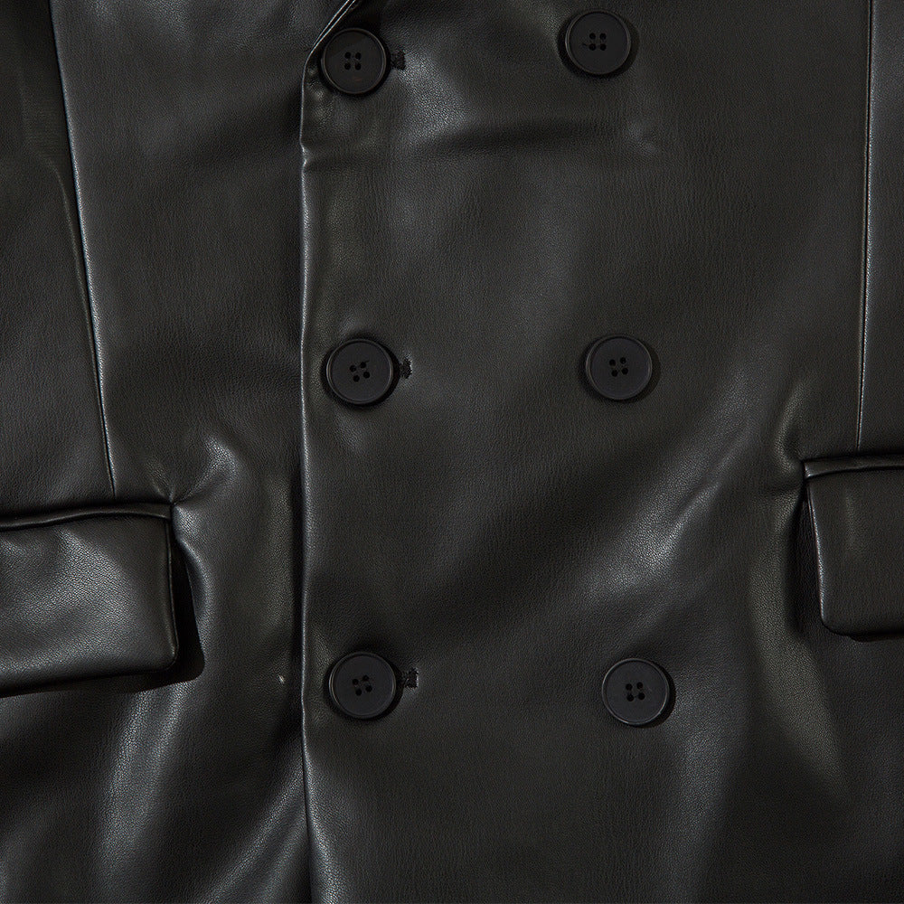 Double Breasted Suit Collar PU Leather Coat