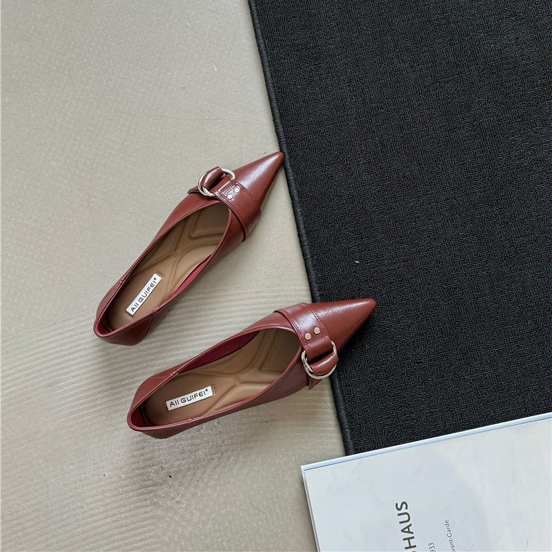 Metal Belt Buckle Soft Bottom Granny Shoes French Pointed Flat Bottom Pumps