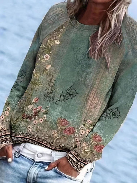 Langærmet raglan rund hals printet sweatshirt
