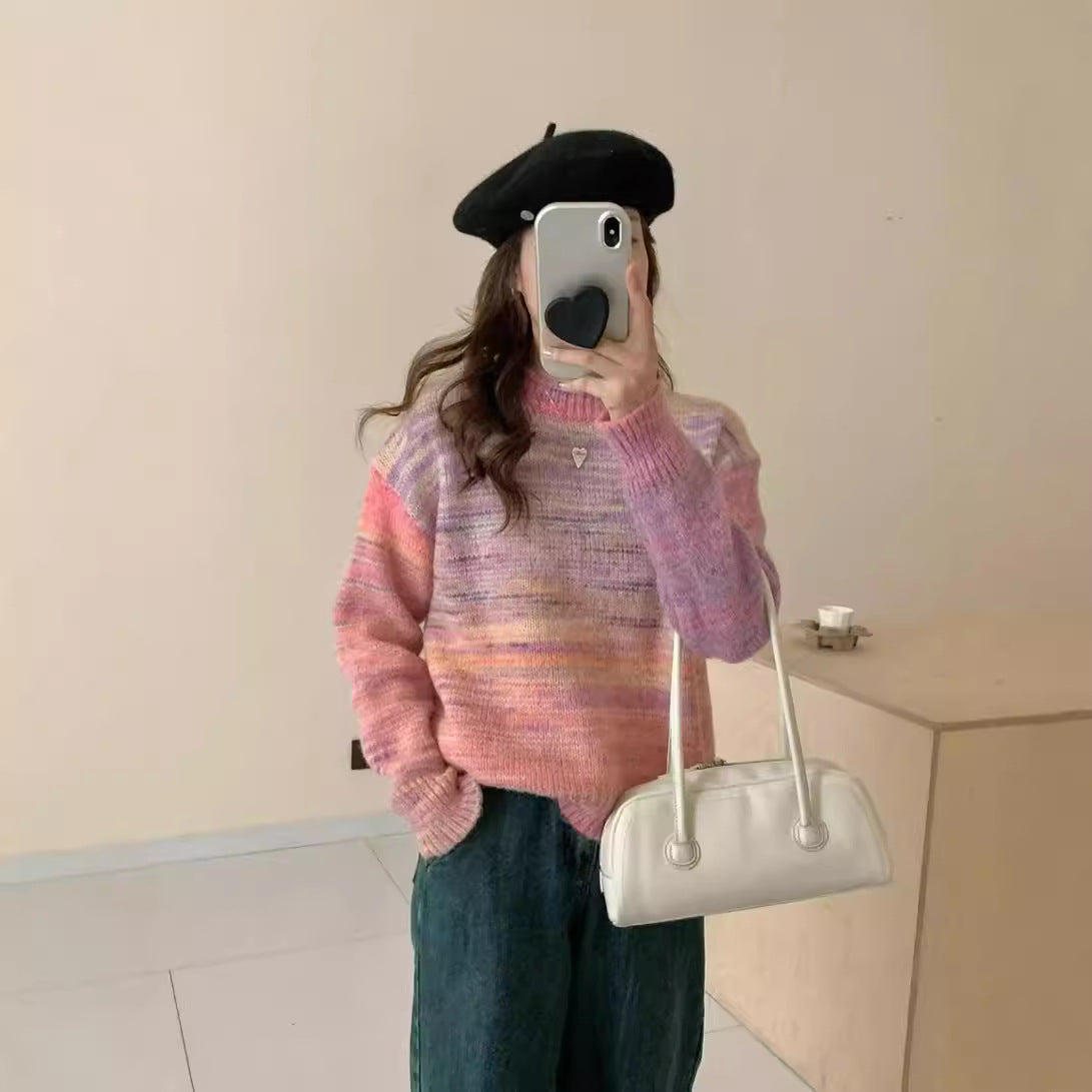 Women's Rainbow Gradient Retro Round Neck Knitted Shirt