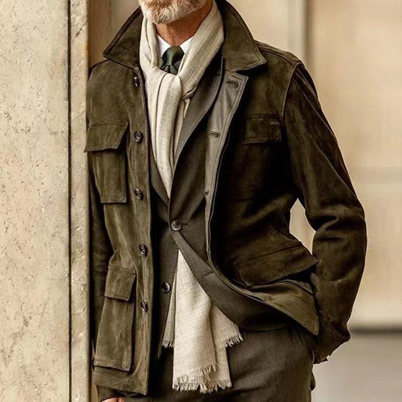 Regular Men's Cowhide Casual Coat And Trench Coat Multi-pocket