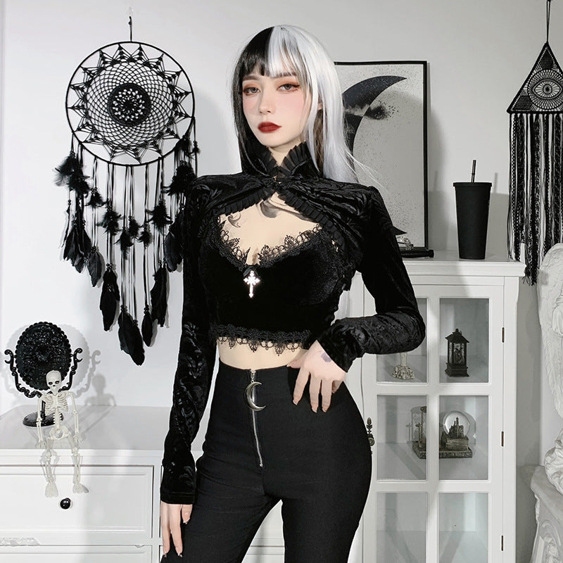 Retro Pattern Long Sleeve Print Stand Collar Single Button Shawl
