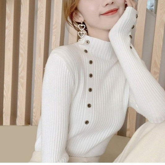 Autumn And Winter Button Half-high Collar Women's Sweater