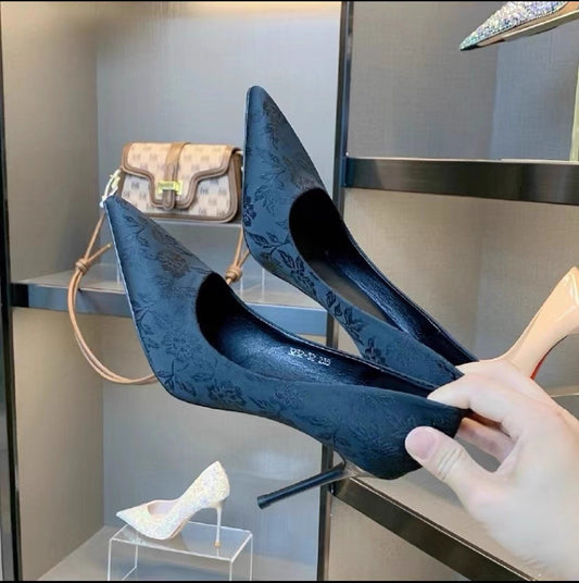 Pointed Toe Chinese Style Embroidery Low-cut High Heels Women's Stiletto Heel