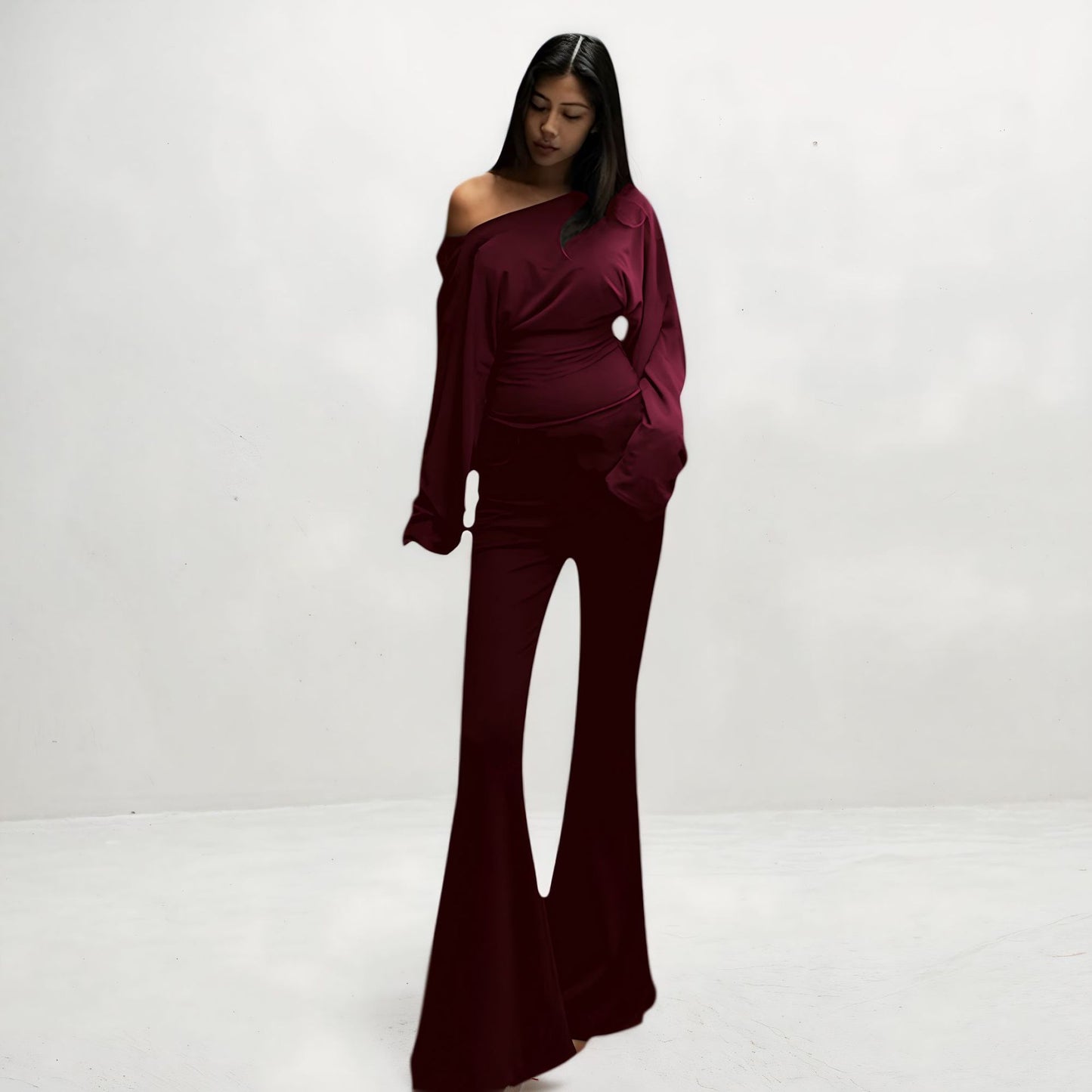 Solid-color Casual Set With Long-sleeve Flared Pants