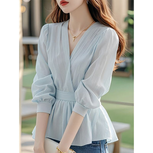 French High-end Sense Of Light Luxury Blue Chiffon Blouse Shirt