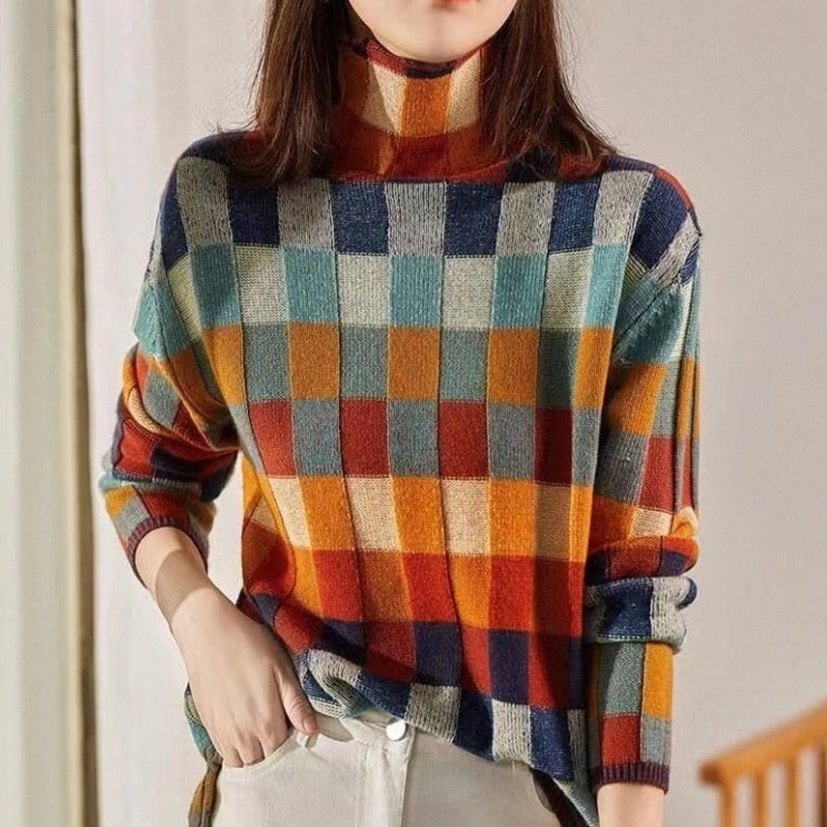 Women's Colorful Chessboard Plaid Turtleneck Laid-back Figure Flattering Sweater