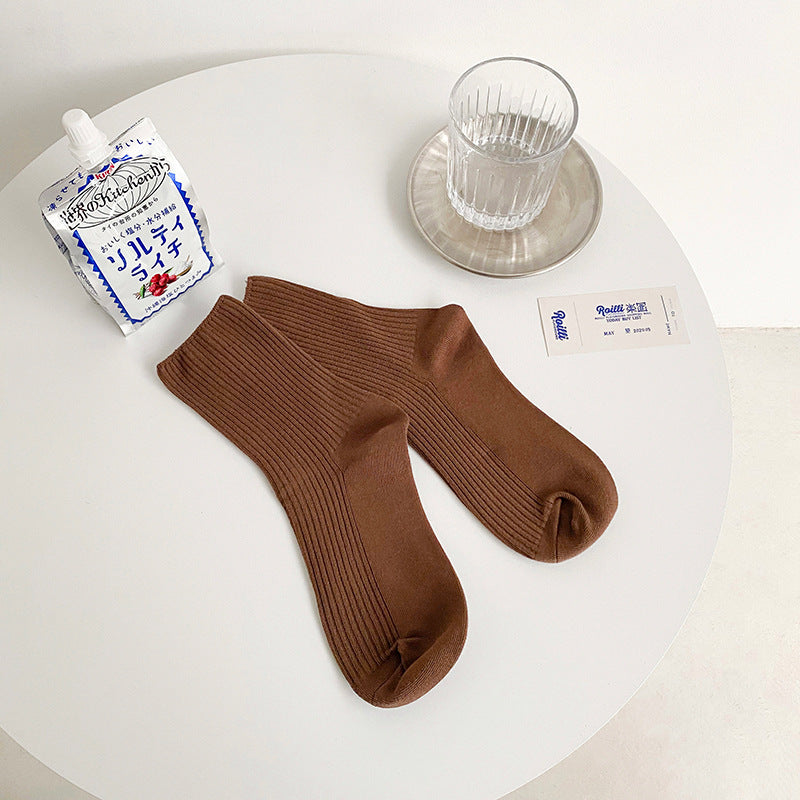 Women's Double Needle Vertical Strip Solid Color Medium Tube Pile Socks