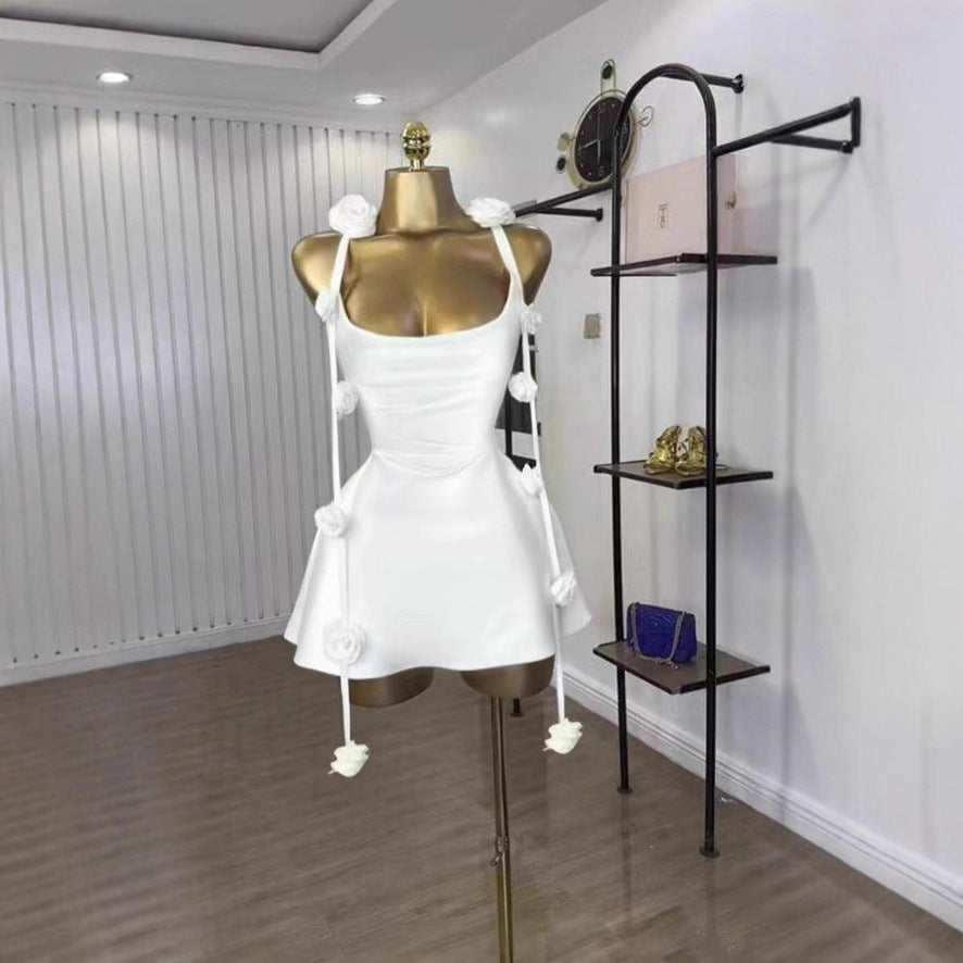Womens Sleeveless Strap Dress With 3D Floral Design