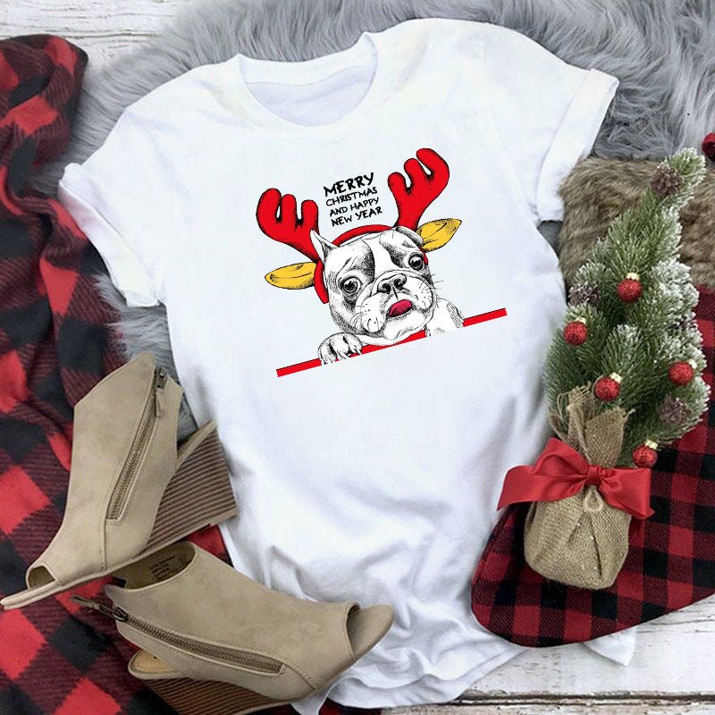 Christmas Lady Cute Dog Printed Short-sleeved Top Casual