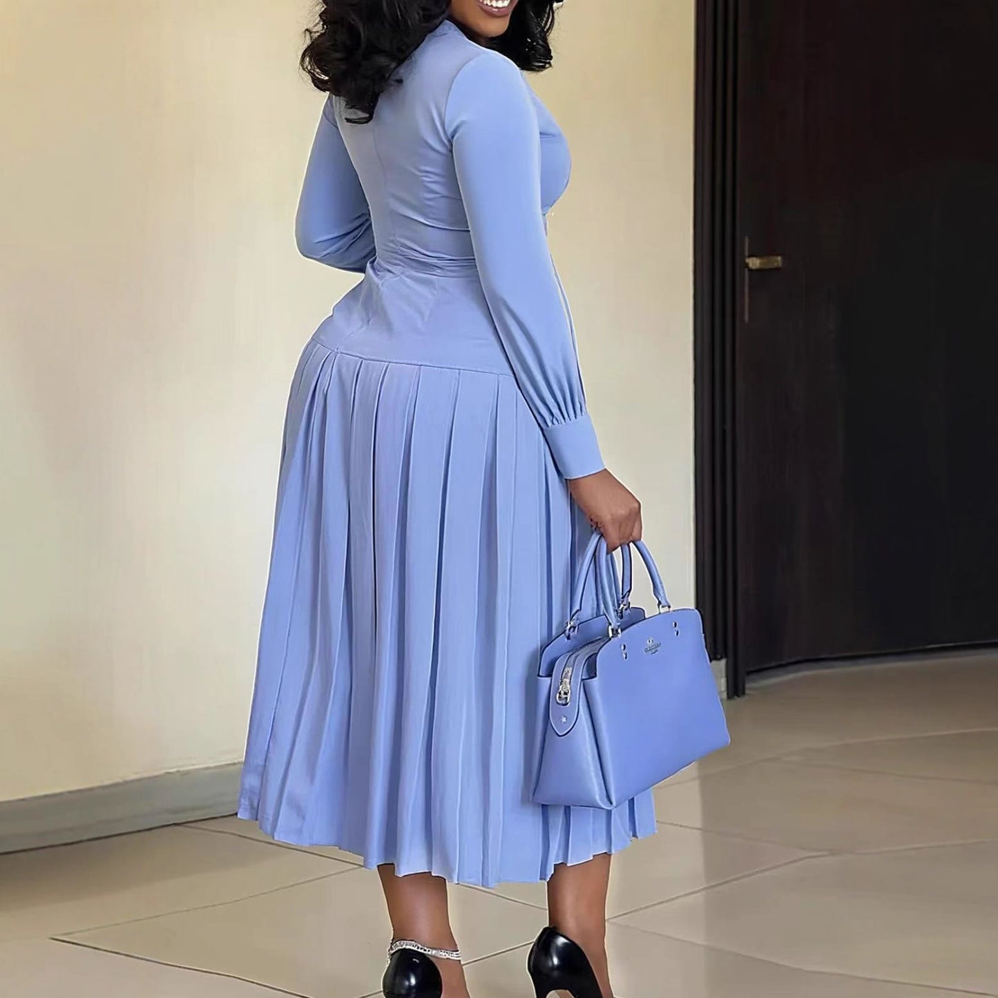 Fashionable Long-Sleeve Solid-Color Dress For Women