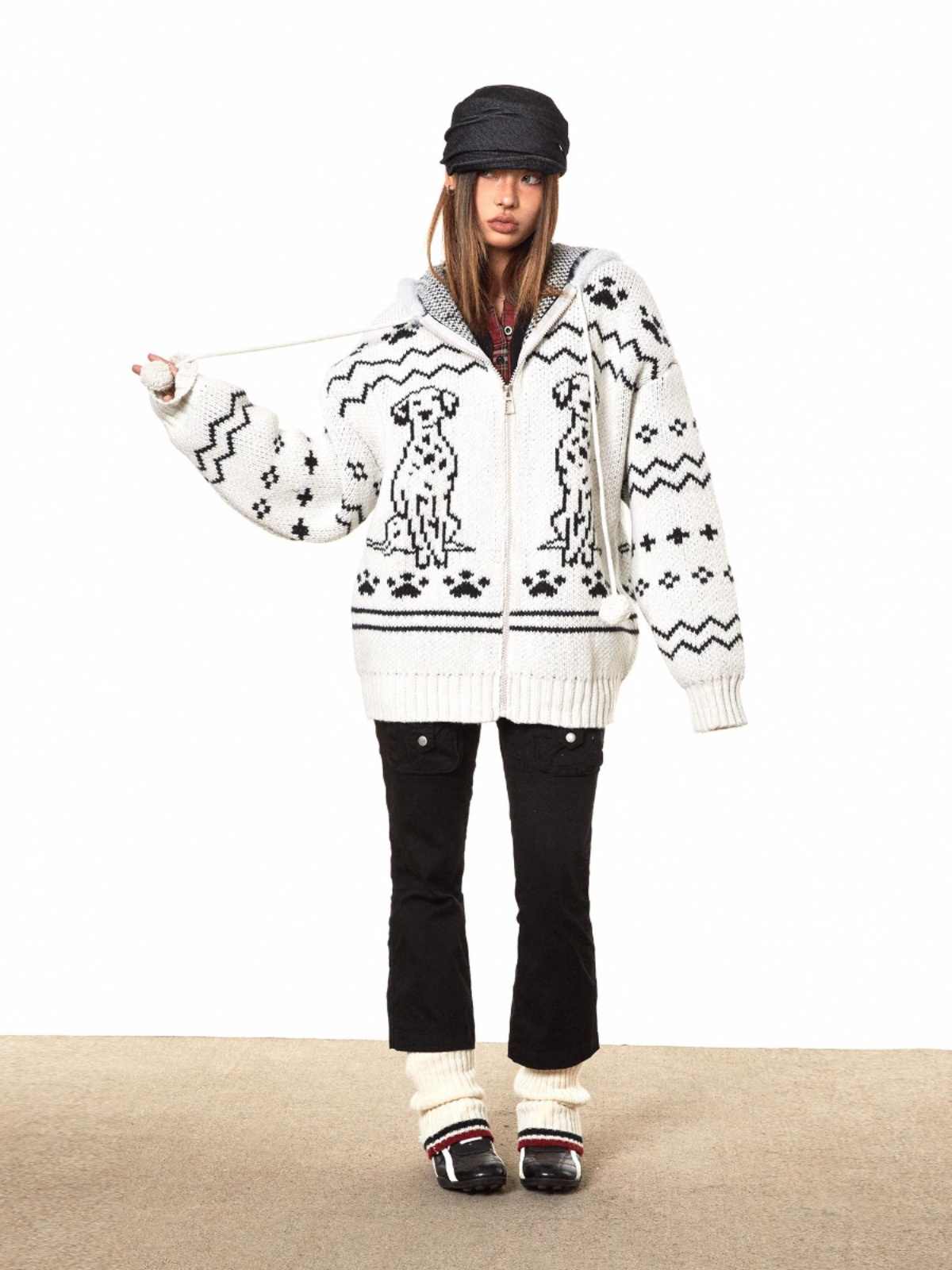 Retro Puppy Jacquard Knitted Zipper Hooded Sweater