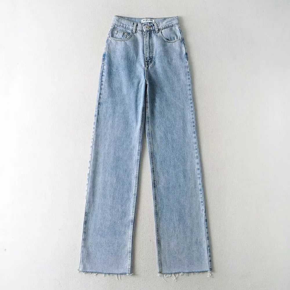 Mopping And Frayed Denim Trousers New High-waisted Loose-fitting Thin Straight And Wide-legged