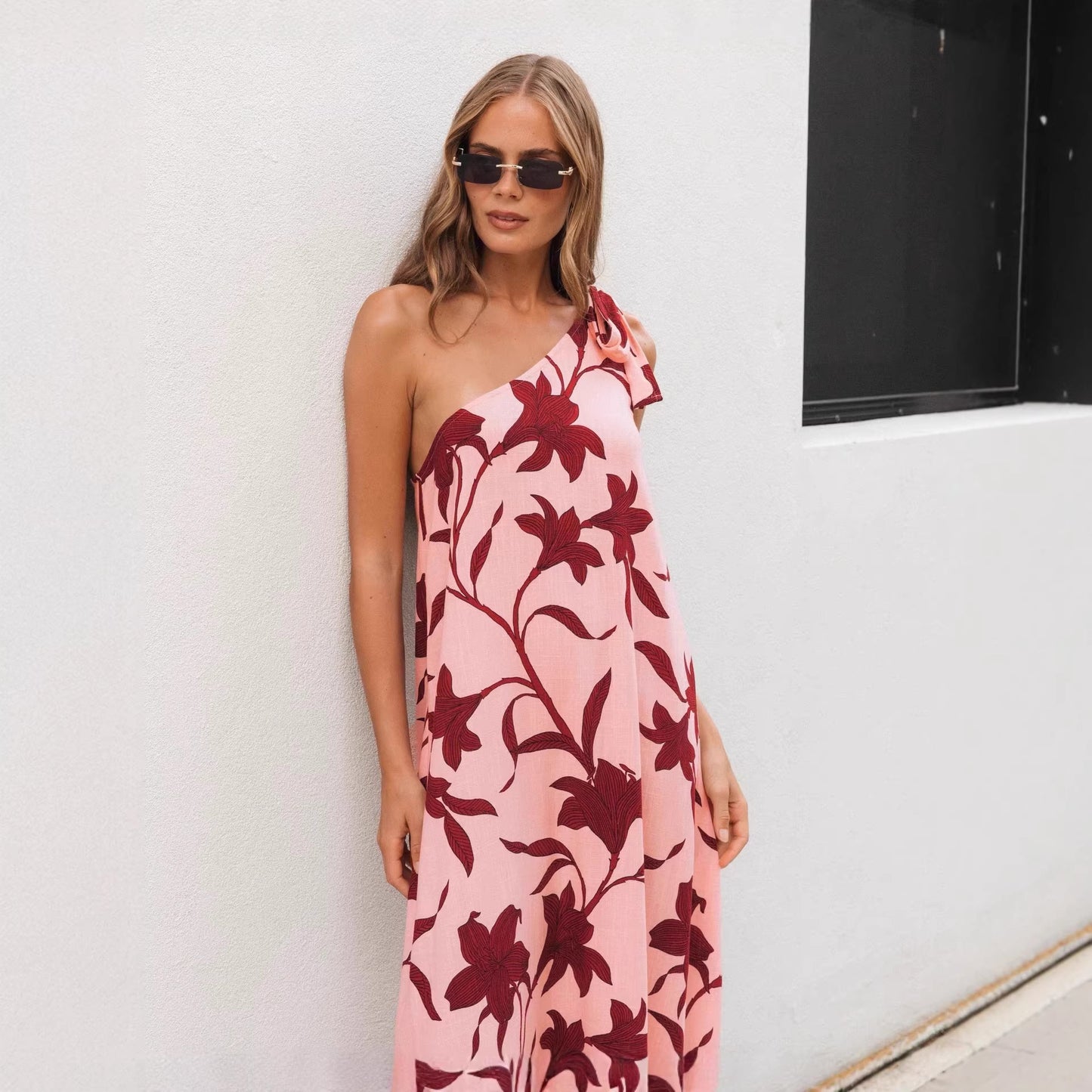 Summer Printed Off Shoulder Lace Up Sexy Resort Style Maxi Dress