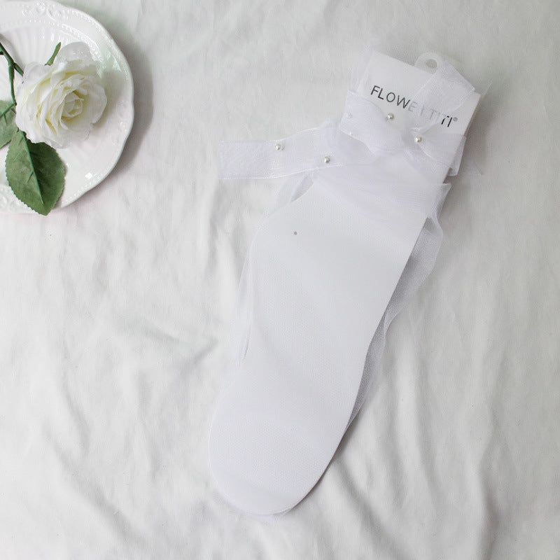 Lace-up Bowknot Pearl-in-tube Transparent Sheer Mesh Socks
