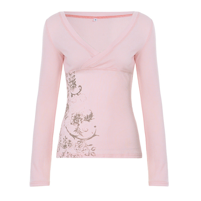 Retro Floral-print Ribbed V-neck Slimming Casual Long-sleeve Top