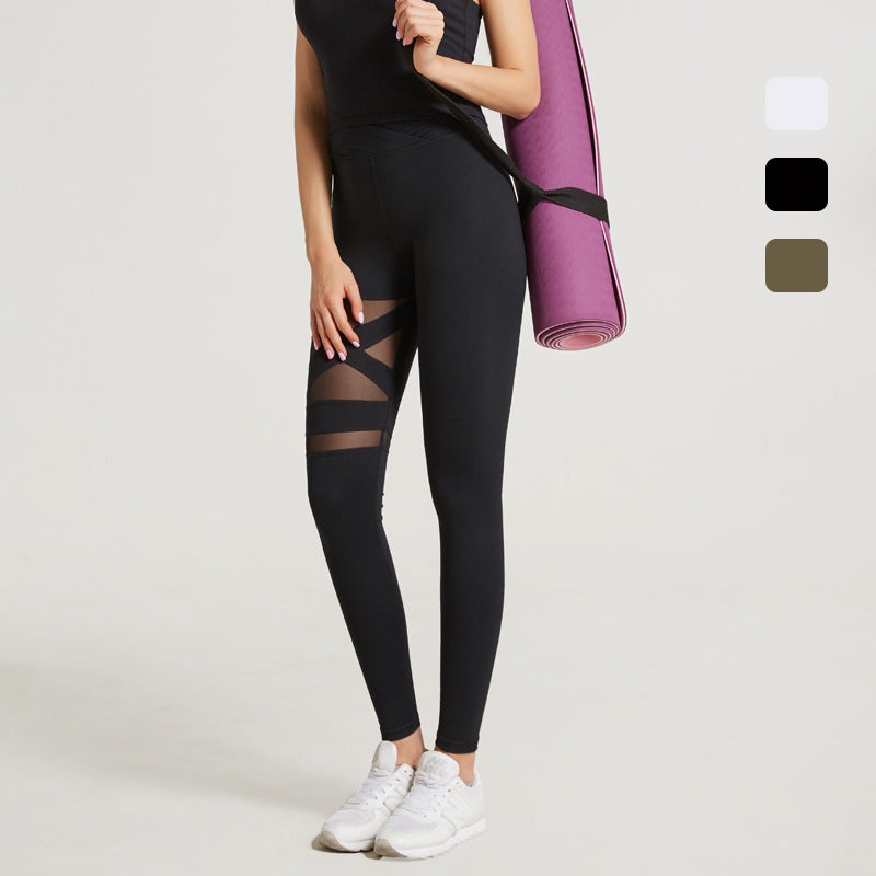 Mesh Stitching Cross Belly And Hip Lift Yoga Trousers
